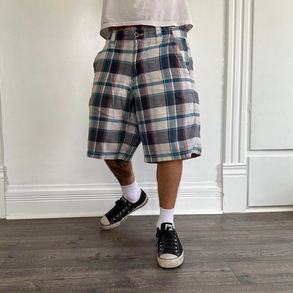 Vintage Y2K 00s White Orange Blue Plaid Tactical Shorts